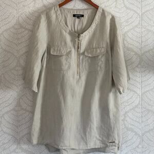Ellen Tracy Tan/Beige/Neutral Linen Short Sleeve 1/4 Zip Tunic/Shirt/Top, XL
